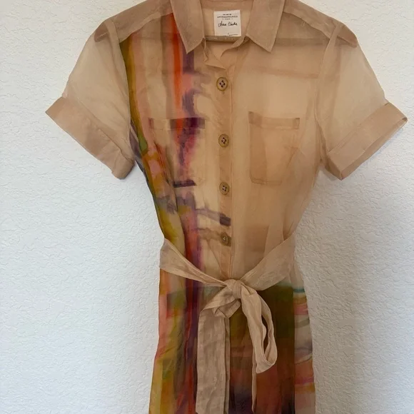 Anthropologie Aimee Clark Organza Shirt Dress Water Color Inspired Accent Small - Picture 3 of 13